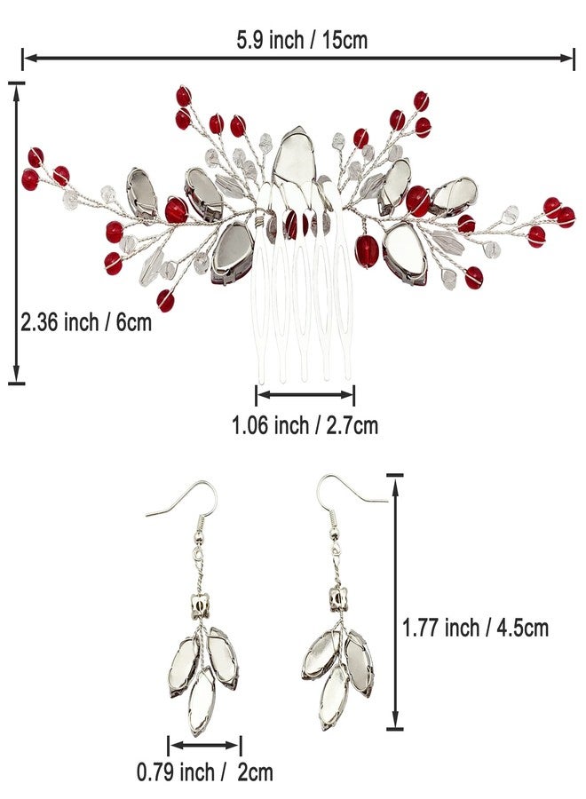 BETITETO Bridal Crystal Hair Comb and Earrings Set Elegant Bride Wedding Hair Piece Accessories for Women Prom Party Photography (Wine Red) - Image 5